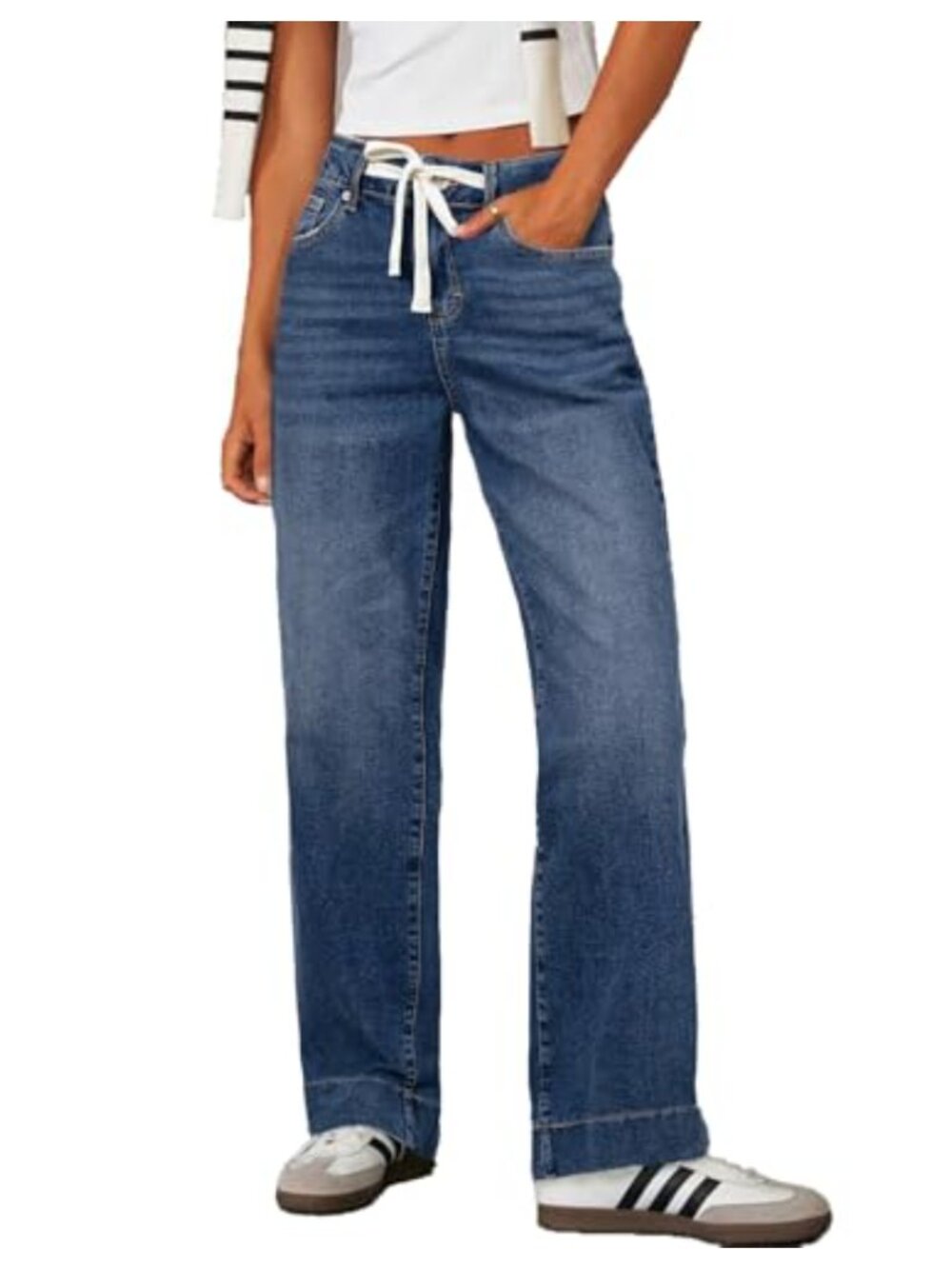 Wide Leg High Waisted Stretchy Denim Pants Drawstring Casual Jeans